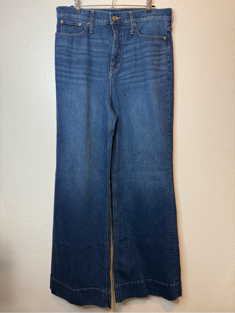 J. Crew Wide Leg Jean Trouser Medium Blue Whisker Wash Size 32 T Tall Preppy